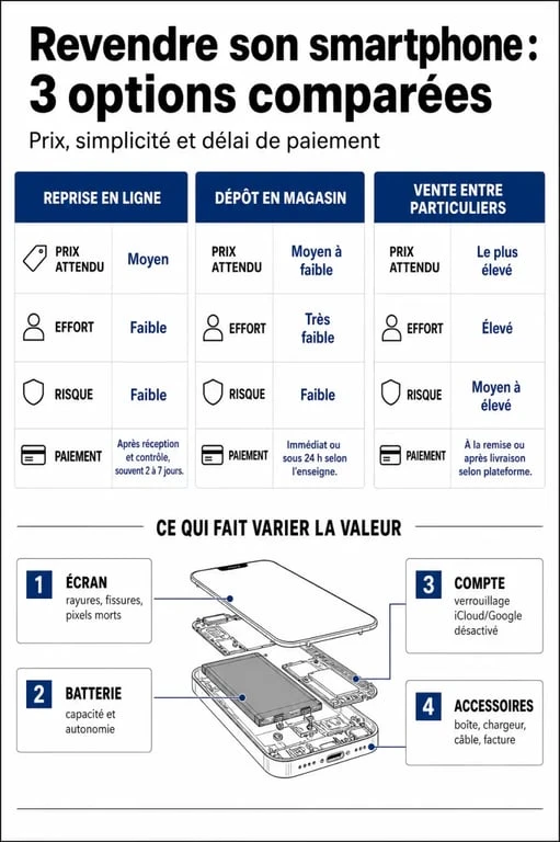 Revente telephone : comparaison des options de reprise, délais de paiement et critères de valorisation