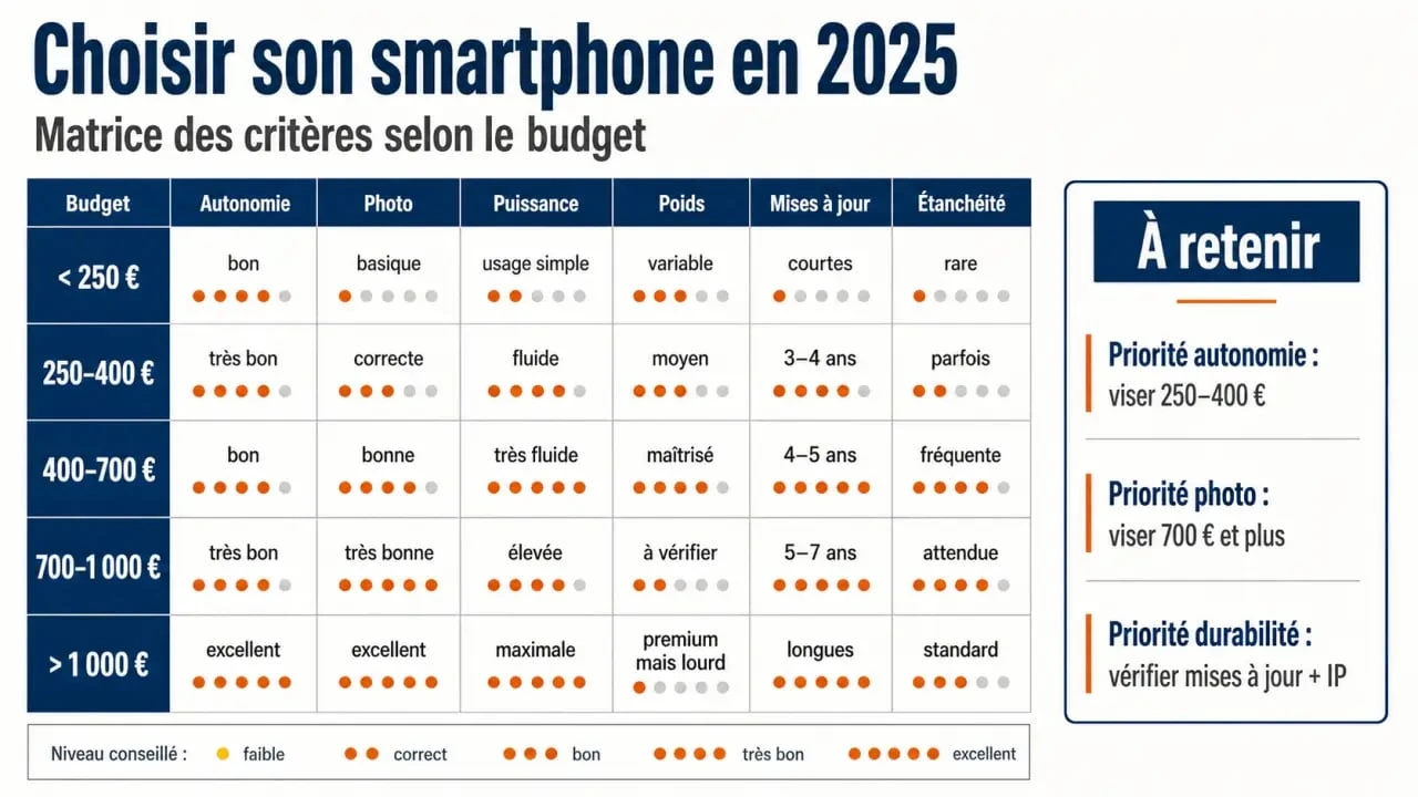 Quel smartphone choisir en 2025 : comparaison visuelle des budgets, de l’autonomie, de la photo et de la durabilité