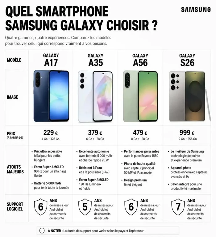Infographie comparative pour choisir son téléphone Samsung Galaxy en 2026