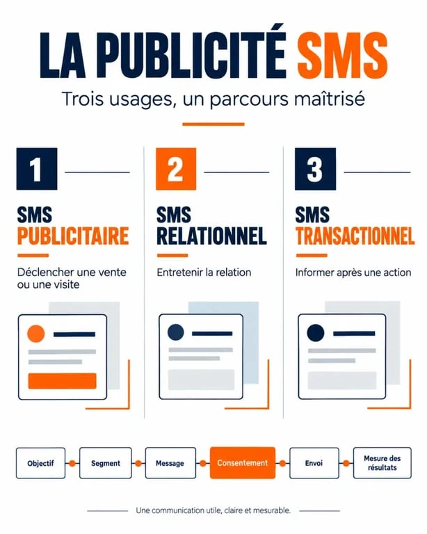 Infographie sur la publicité SMS et les différences entre SMS publicitaire, relationnel et transactionnel