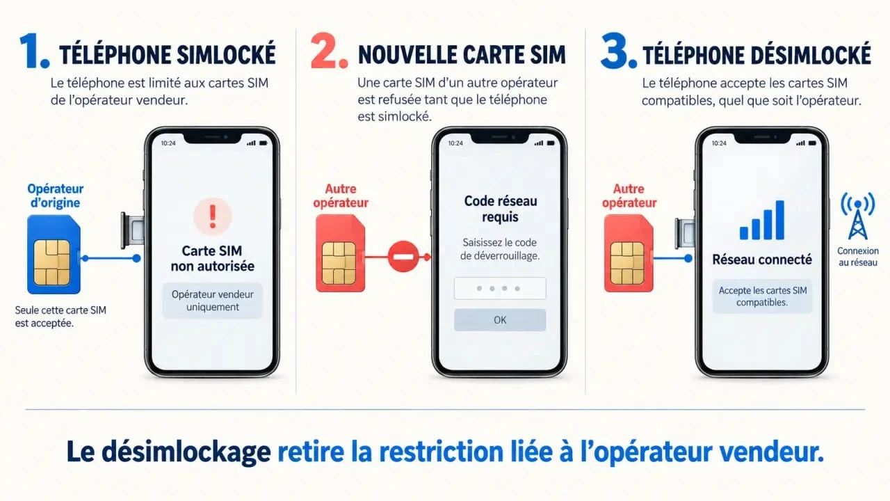 Simlockage : schéma du verrouillage et du désimlockage d'un téléphone mobile