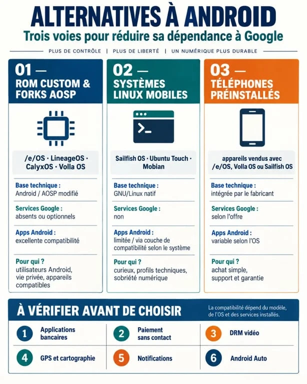 Infographie comparative des alternatives Android, de leur compatibilité avec les applications et de leurs limites