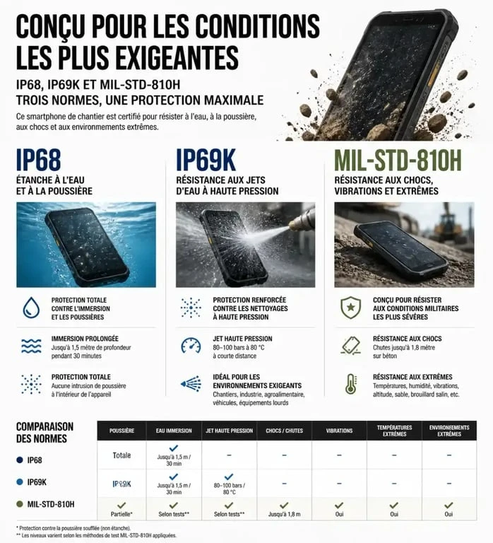 Infographie des normes IP et MIL-STD pour téléphone de chantier