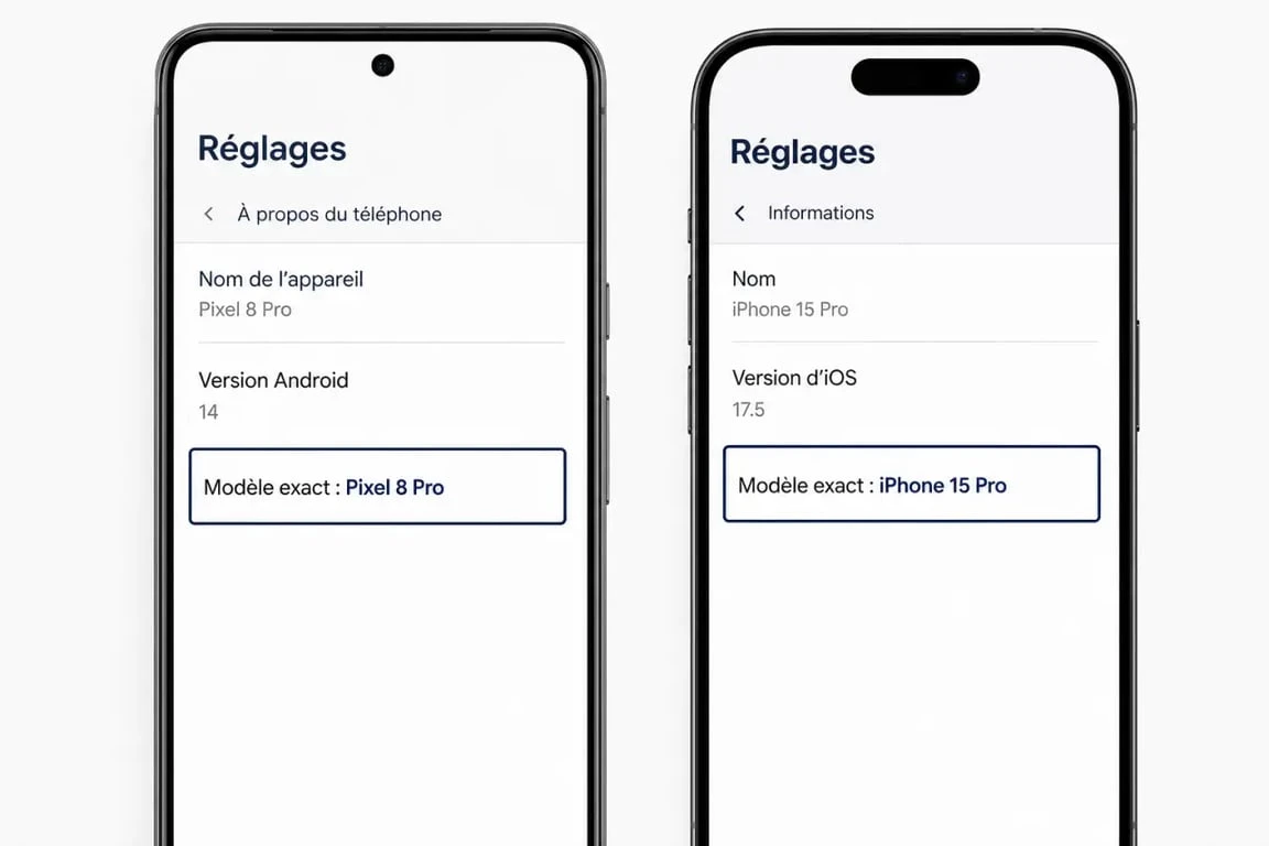 smartphone identification : écran de réglages affichant le modèle exact du téléphone