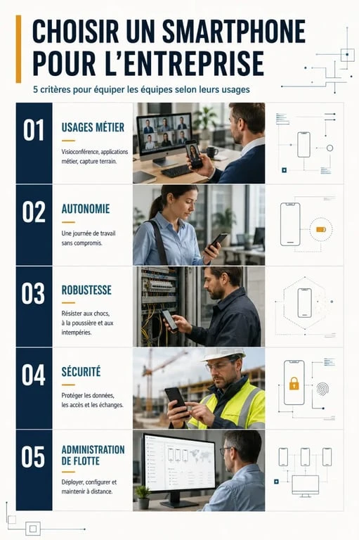 Infographie des critères pour choisir un smartphone pour entreprise selon les usages métier