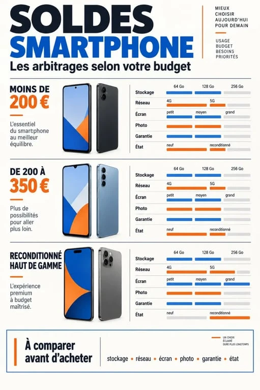 Infographie des critères à comparer pendant les soldes smartphone selon le budget, le stockage, la 4G ou 5G et l’état