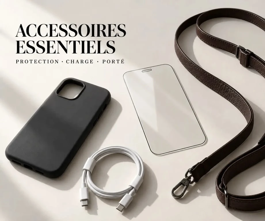 Sélection d'accessoires pour téléphone : coque, verre trempé, câble et bandoulière