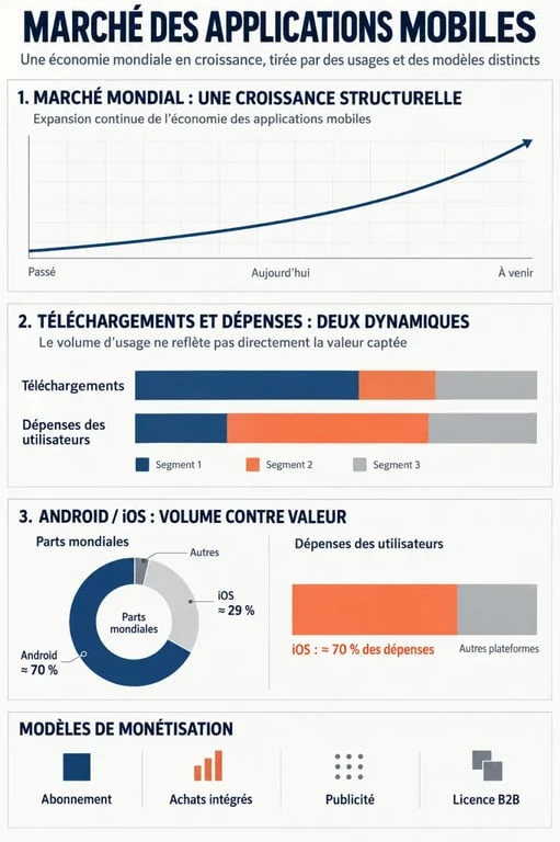 Visualisation du marché des applications mobiles, comparaison Android et iOS et principaux modèles de monétisation