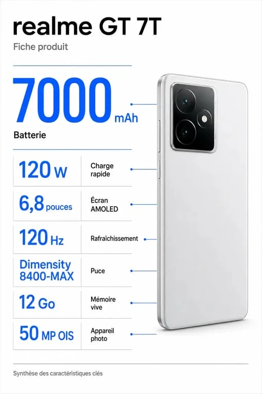 realme gt 7 t en infographie des caractéristiques clés avec batterie 7000 mAh, charge 120 W et écran AMOLED 120 Hz