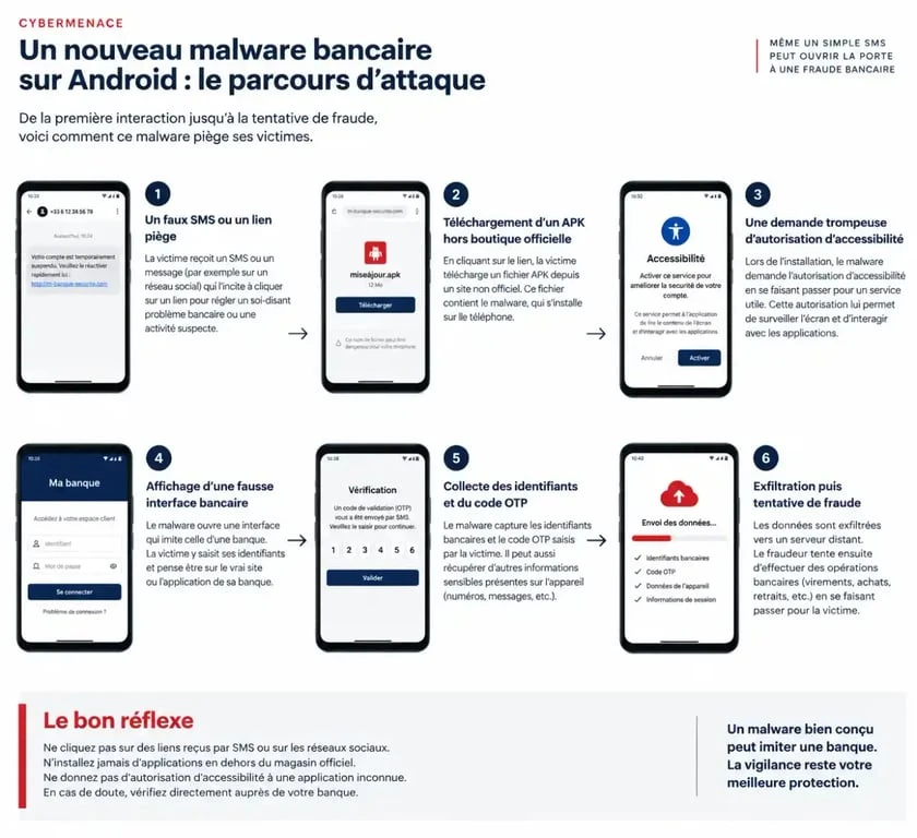 Parcours d’attaque d’un nouveau malware bancaire Android, du faux lien au vol des identifiants et du code OTP