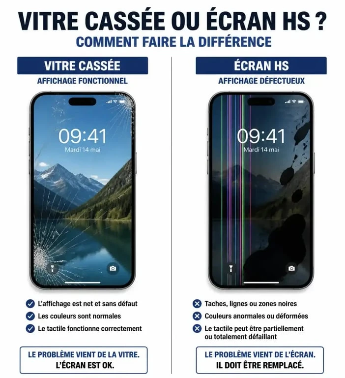 Différence entre vitre cassée et écran HS sur un téléphone cassé