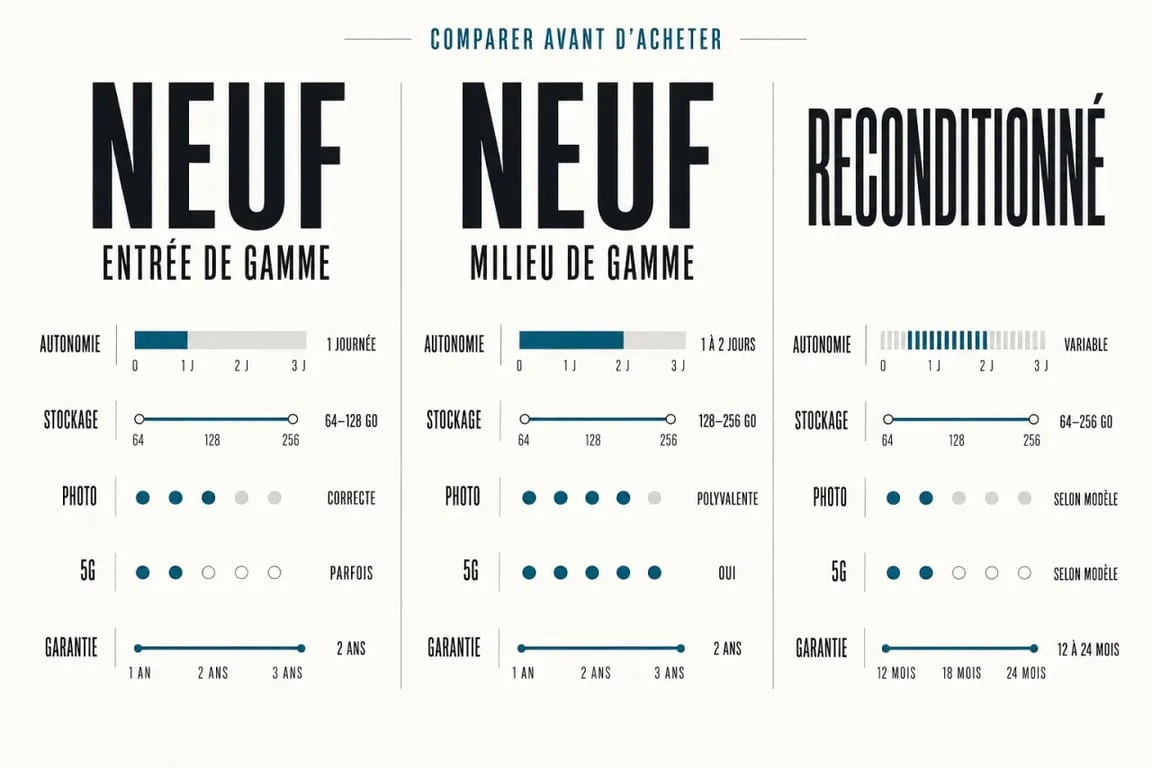 Téléphones portables pas cher : comparatif visuel des options neuf, milieu de gamme et reconditionné