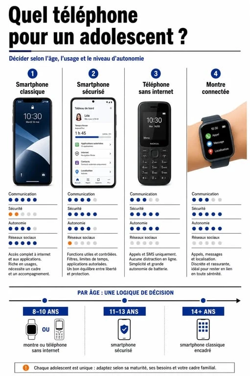 Tel ado : comparatif visuel des solutions téléphone pour un adolescent, smartphone classique, smartphone sécurisé, téléphone sans internet et montre connectée