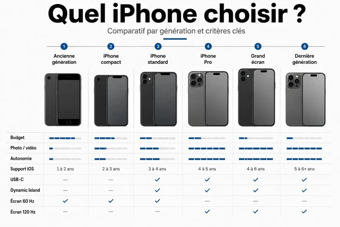 iphone meilleur : comparatif visuel des critères de choix entre modèles selon budget, autonomie, photo et support iOS