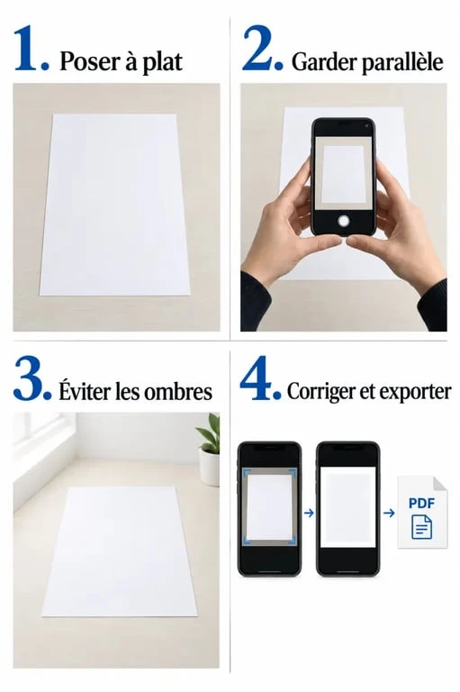 Illustration des étapes pour réaliser un scan telephone et obtenir un PDF lisible