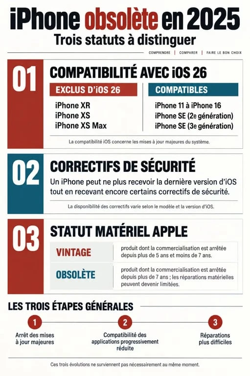 Infographie iPhone obsolète en 2025 : différence entre compatibilité iOS 26, sécurité et statut matériel Apple