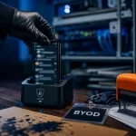 Smartphone pour entreprise en dock sécurisé, écran messagerie, mode BYOD