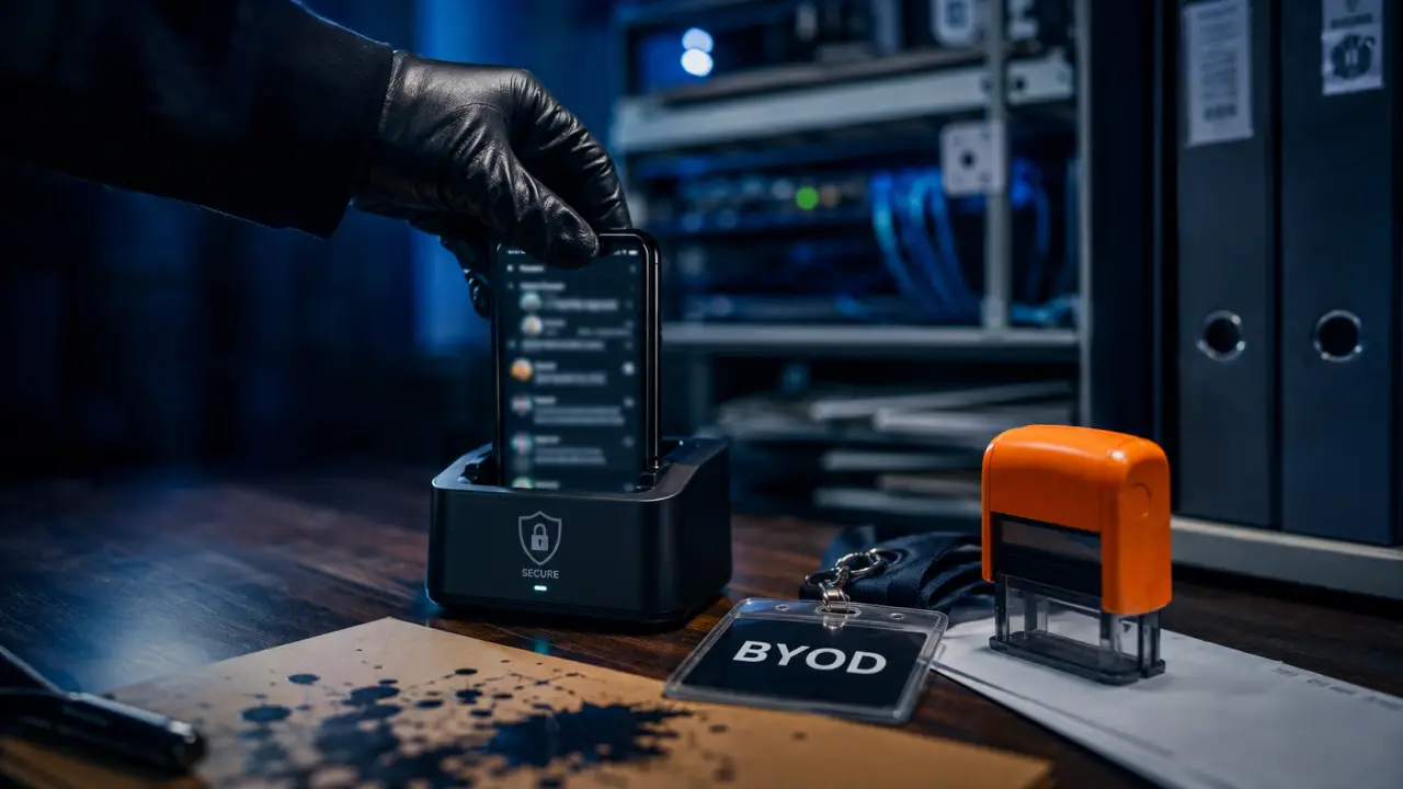 Smartphone pour entreprise en dock sécurisé, écran messagerie, mode BYOD