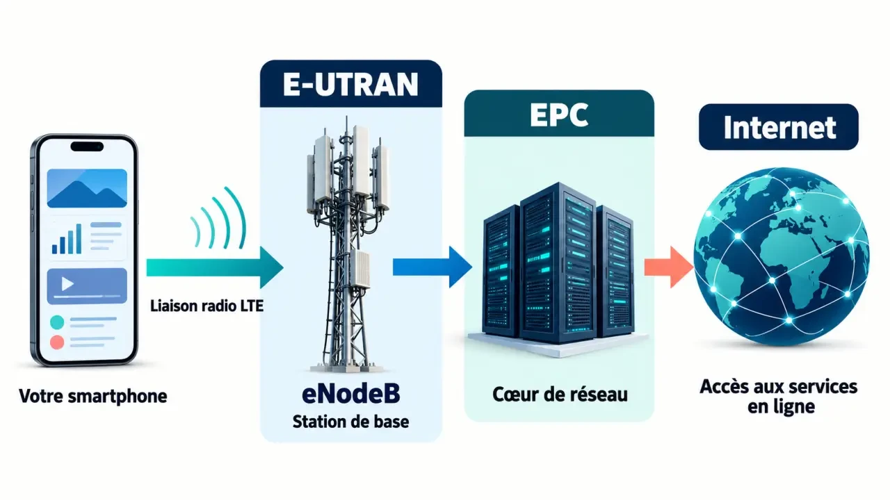 Schéma simplifié du réseau LTE entre smartphone, eNodeB, E-UTRAN, EPC et Internet