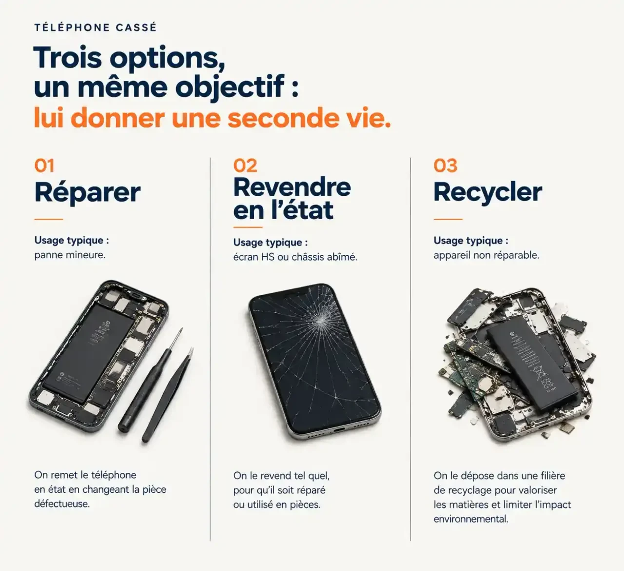 Comparaison visuelle des options pour des téléphones cassés : réparer, revendre en l'état ou recycler