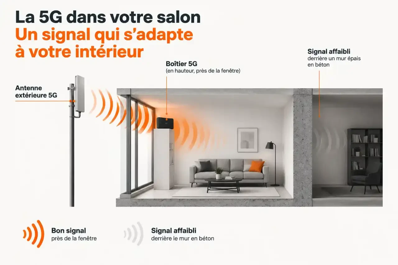 Schéma de placement d'une Flybox Orange 5G près d'une fenêtre pour améliorer la réception du signal