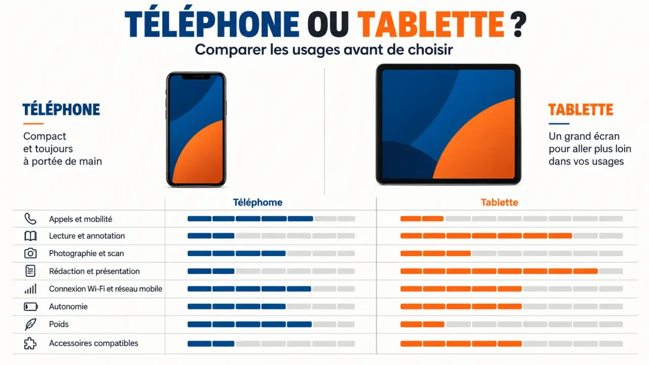 Téléphone et tablette comparés selon les usages, la mobilité, l’écran et la connectivité