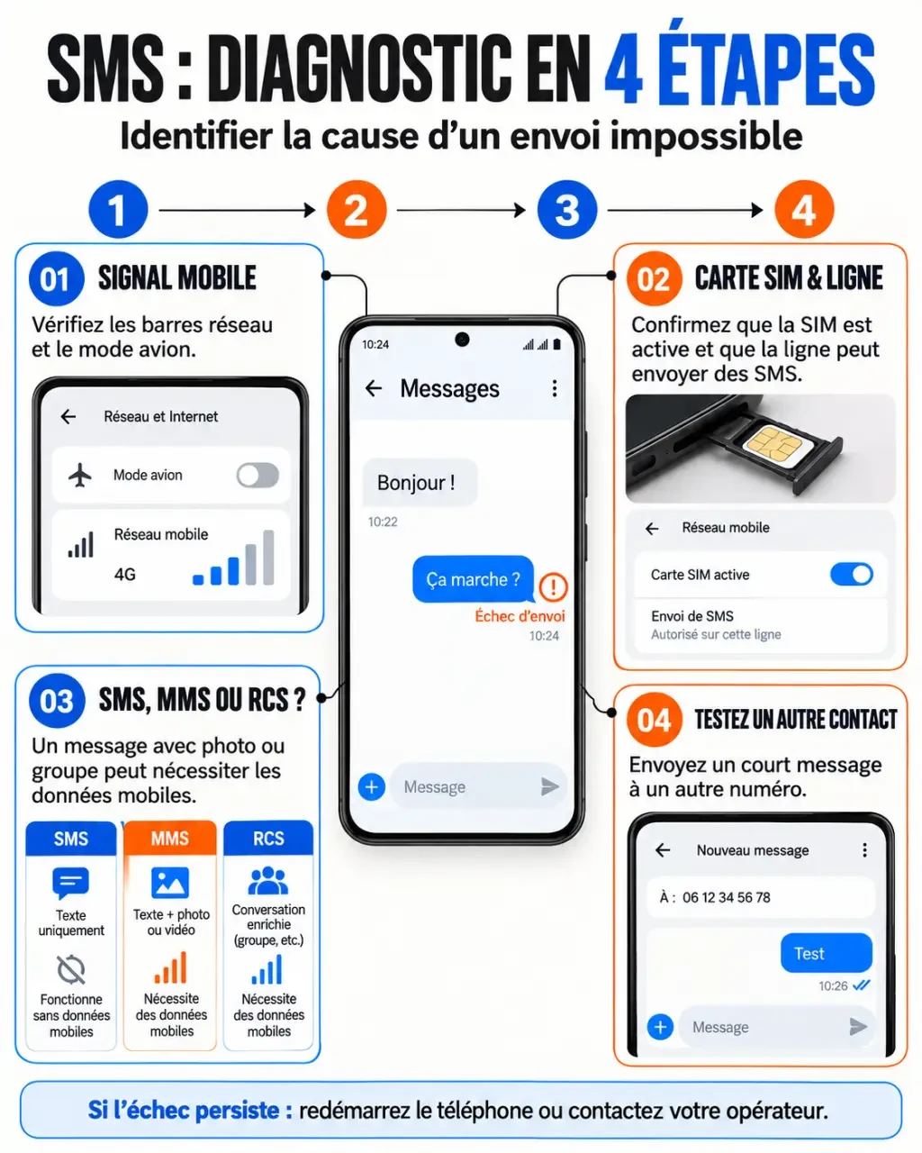 Illustration du probleme envoi sms android avec les étapes de diagnostic du réseau, de la carte SIM et des messages SMS, MMS ou RCS