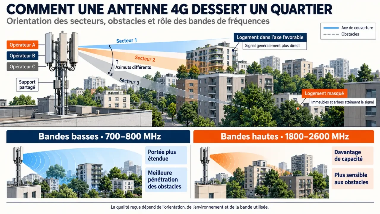 Schéma pédagogique d’une antenne 4G montrant l’azimut, les obstacles et les bandes de fréquences