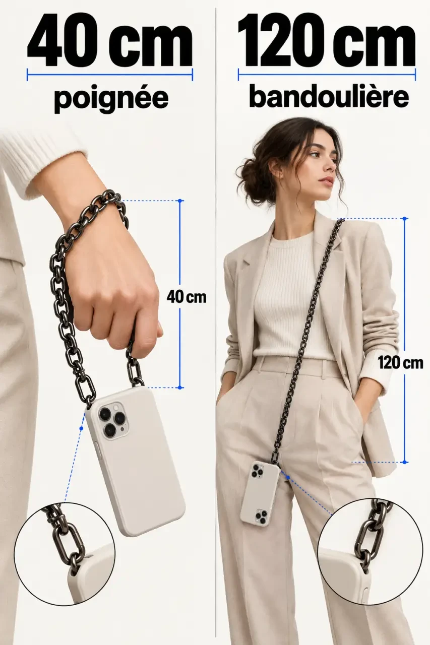 Infographie sur les longueurs d’une chaîne de téléphone de 40 cm et 120 cm selon le mode de port