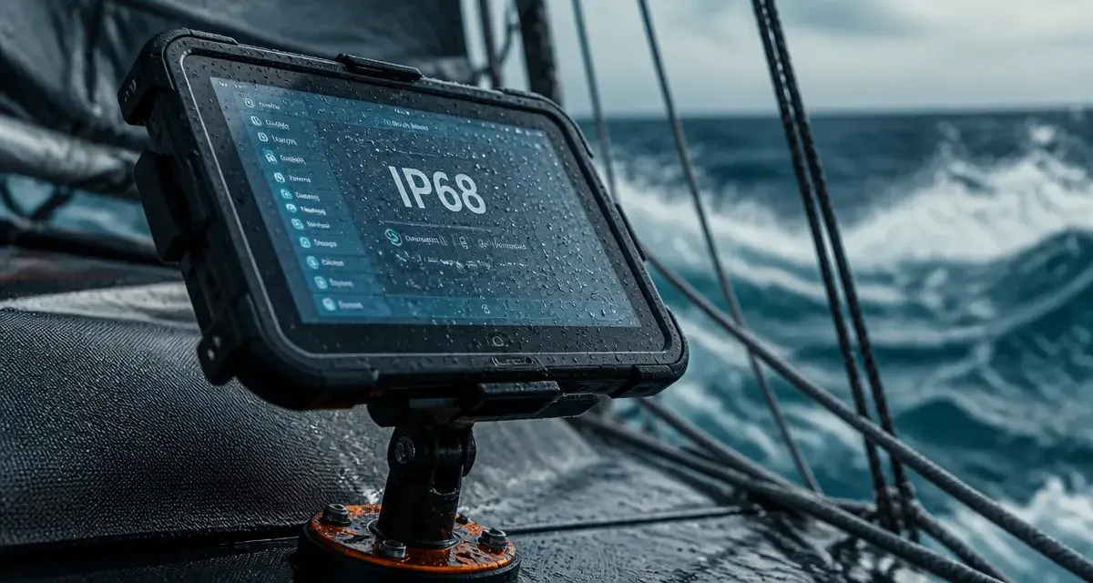 Tablette étanche IP68 en cockpit de voilier, écran protégé par caoutchouc